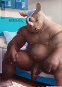 Anhes, Anthro, Furry, Rhino, Uncircumcised, Foreskin, Gay, Muscle, Sexy, Illustration, Art, Cartoon