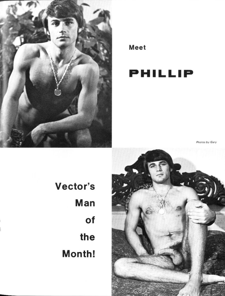 Vintage gay Vector Magazine, nude escort guy spread featuring Phillip, January 1971